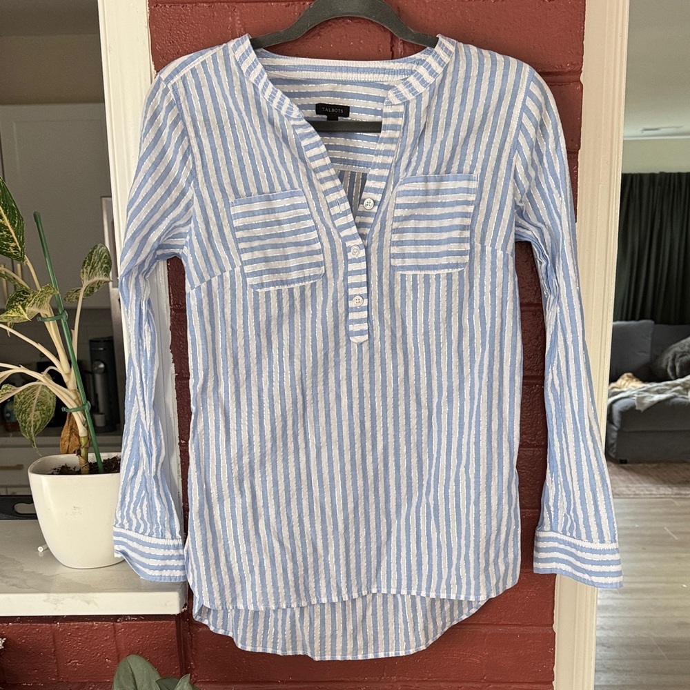 Talbots Blue, White, & Silver Striped Long Sleeve Top